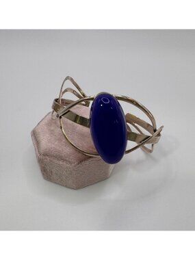 Vintage Mexico 925 Sterling Blue Glass Modernist Cuff Bracelet Signed DNV MD-108